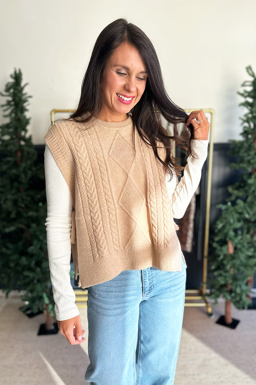 Side Tie Sleeveless Sweater Tan