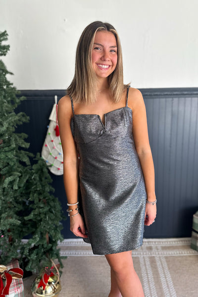 Silver Metallic Split Vneck Cocktail Dress