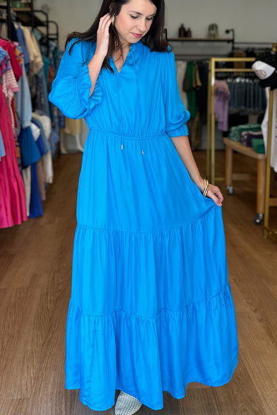 Silky Split Neck Maxi Dress Bright Blue