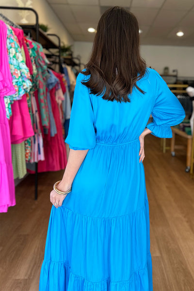 Silky Split Neck Maxi Dress Bright Blue