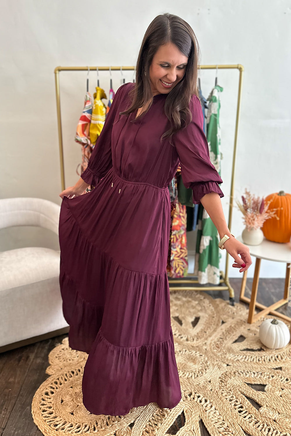 Silky Split Neck Maxi Dress Plum