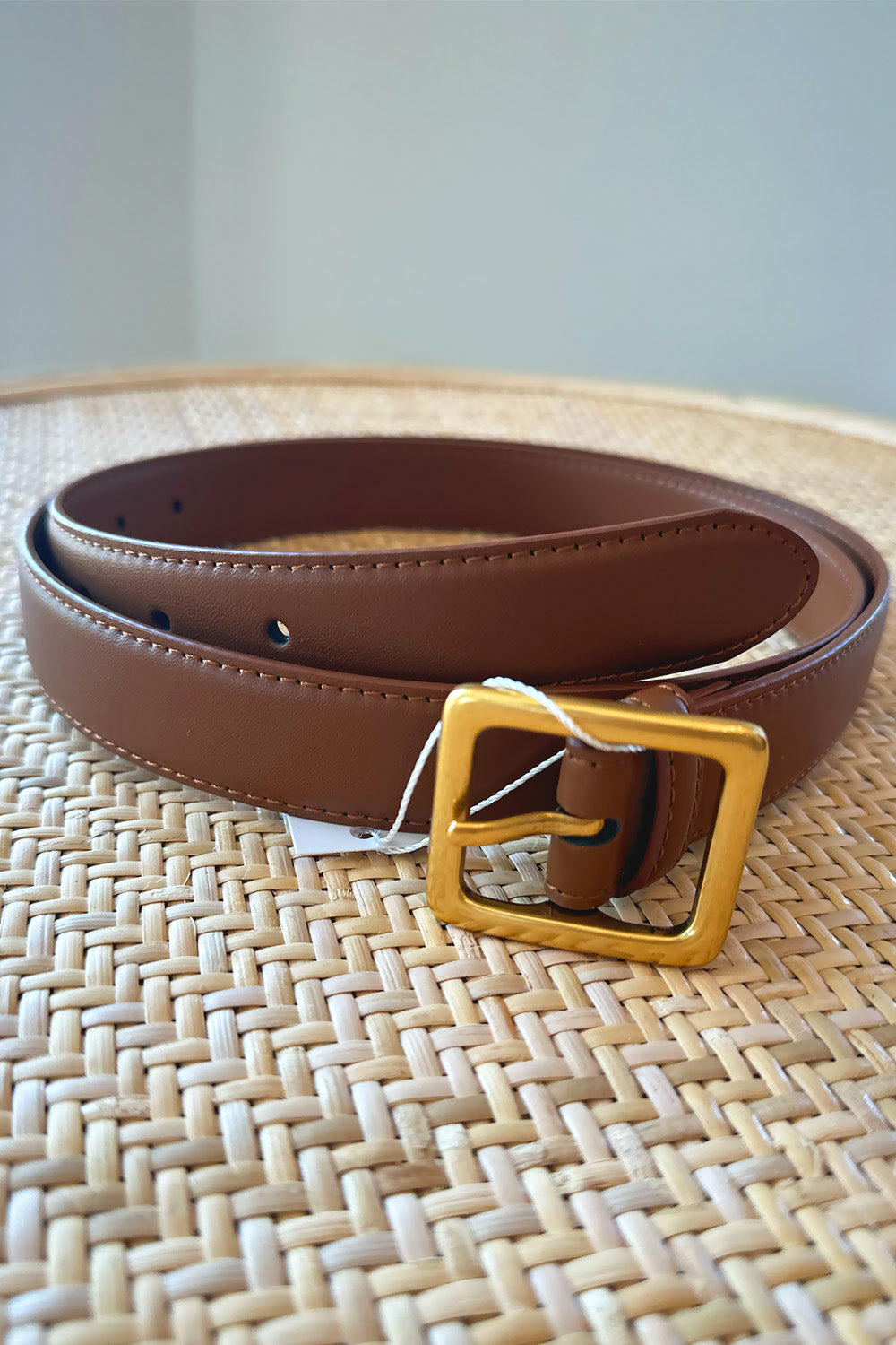 Square Buckle Leather Belt Brown