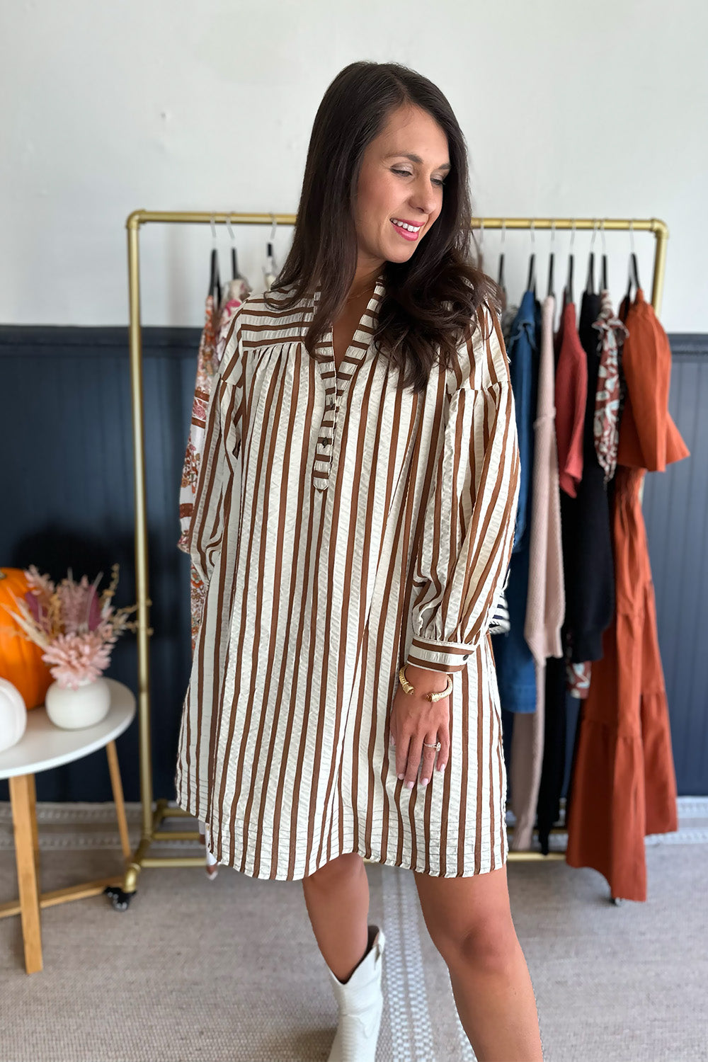 Striped Button Up Dress Brown