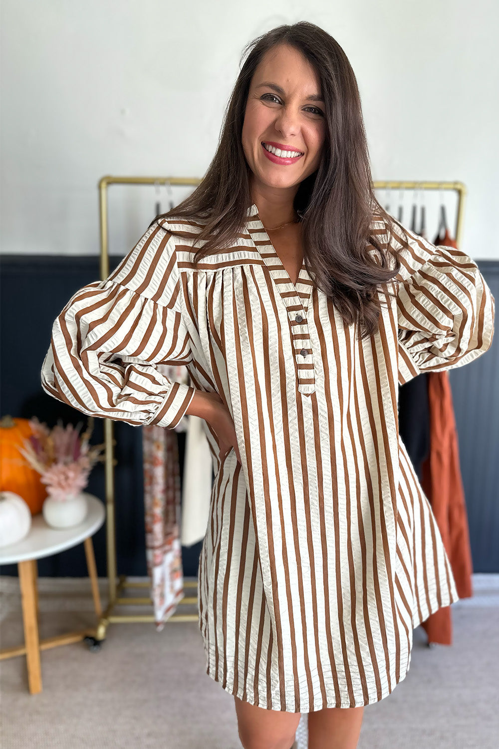 Striped Button Up Dress Brown