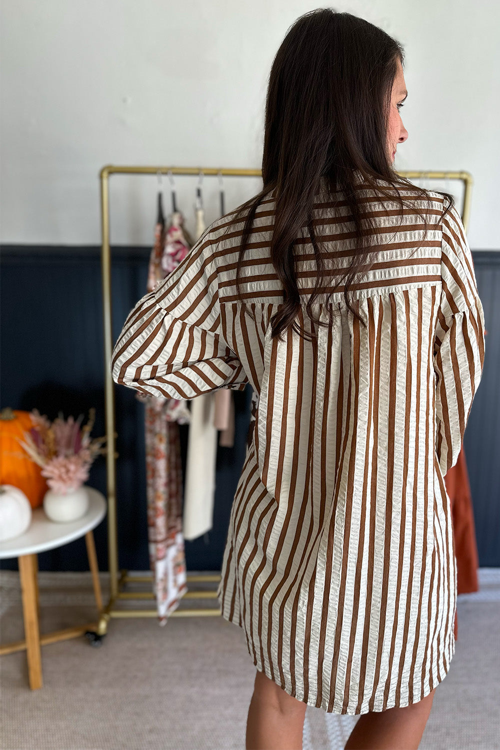 Striped Button Up Dress Brown