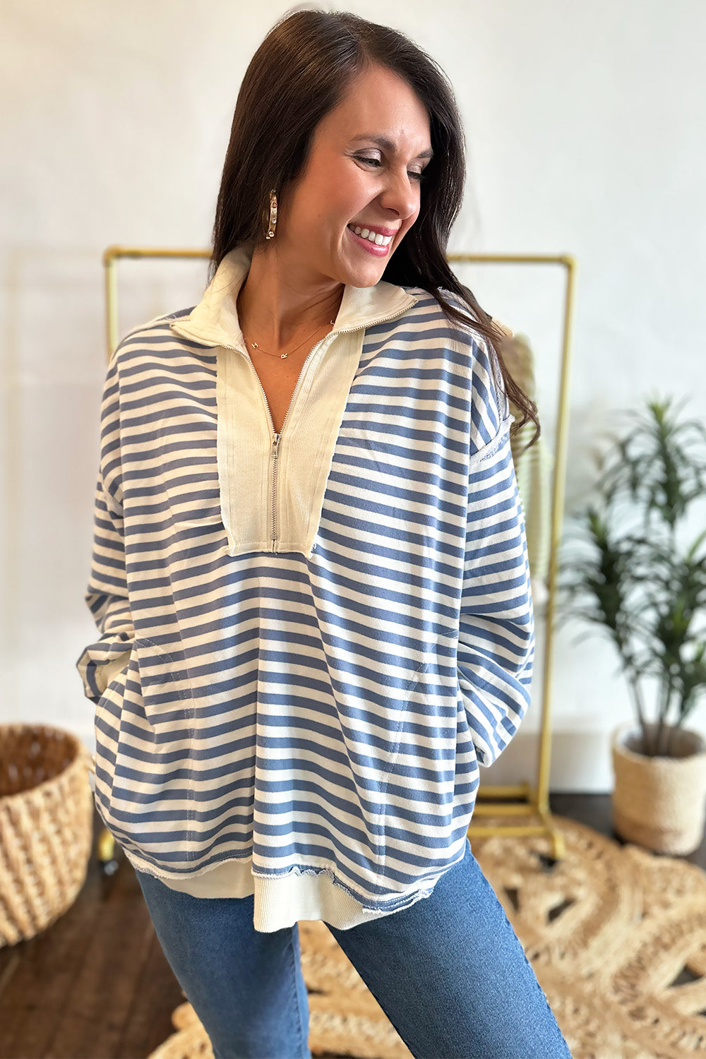 Striped Quarter Zip Pullover Blue