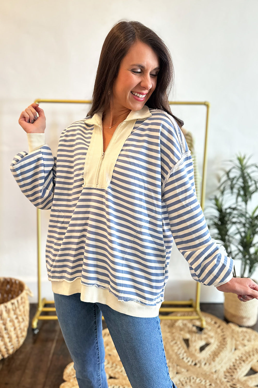 Striped Quarter Zip Pullover Blue