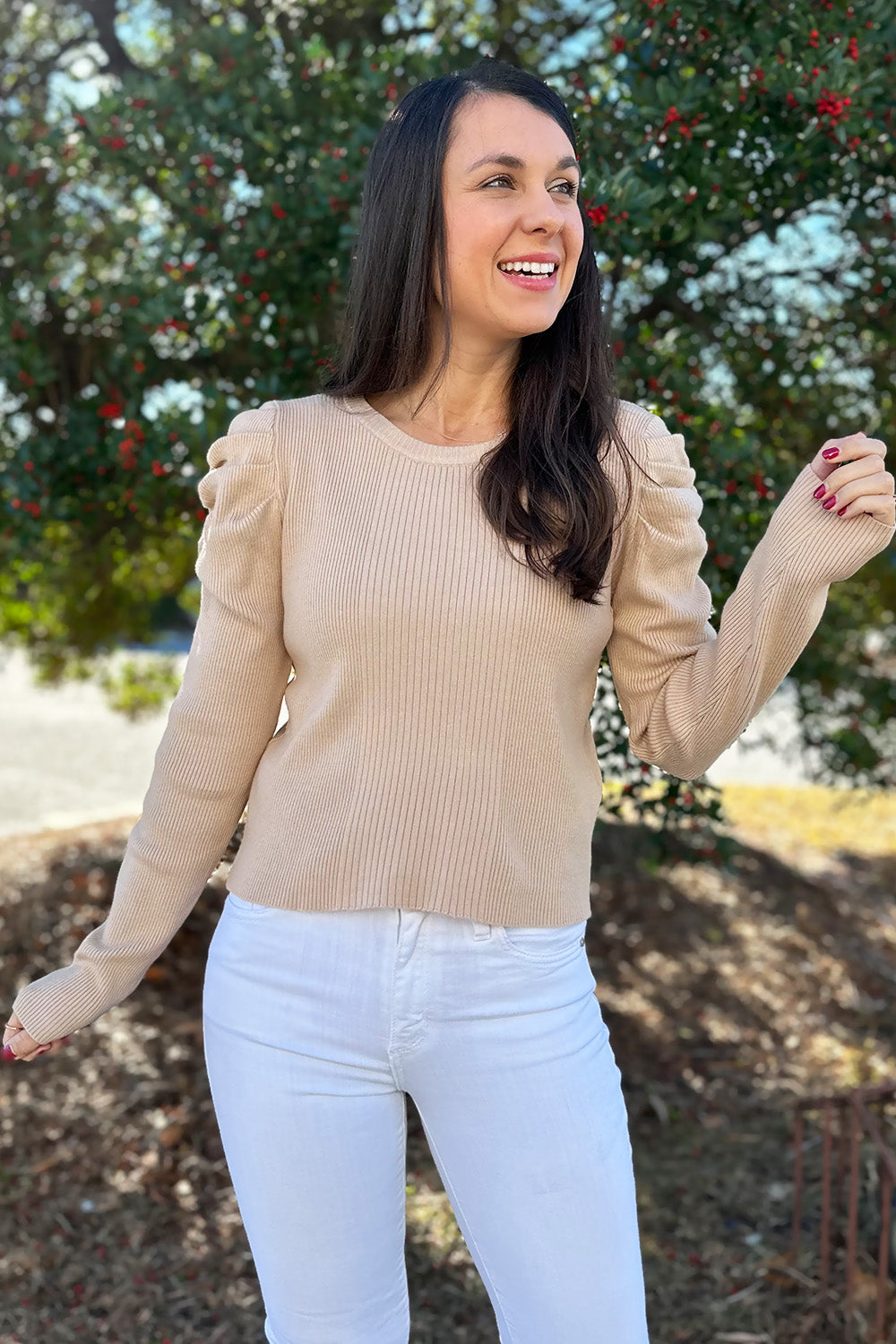 Beige Ruched Shoulder Sweater