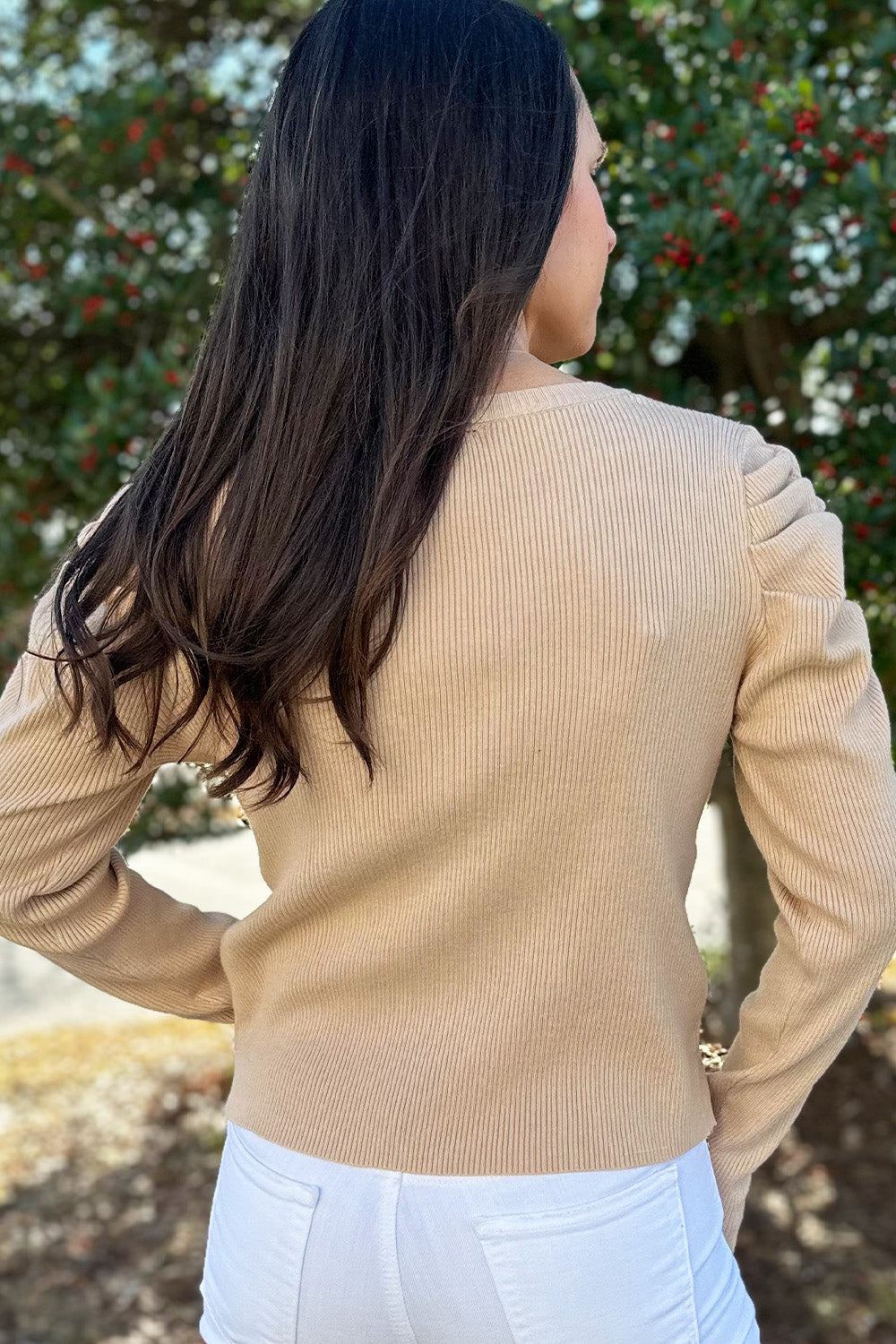 Beige Ruched Shoulder Sweater