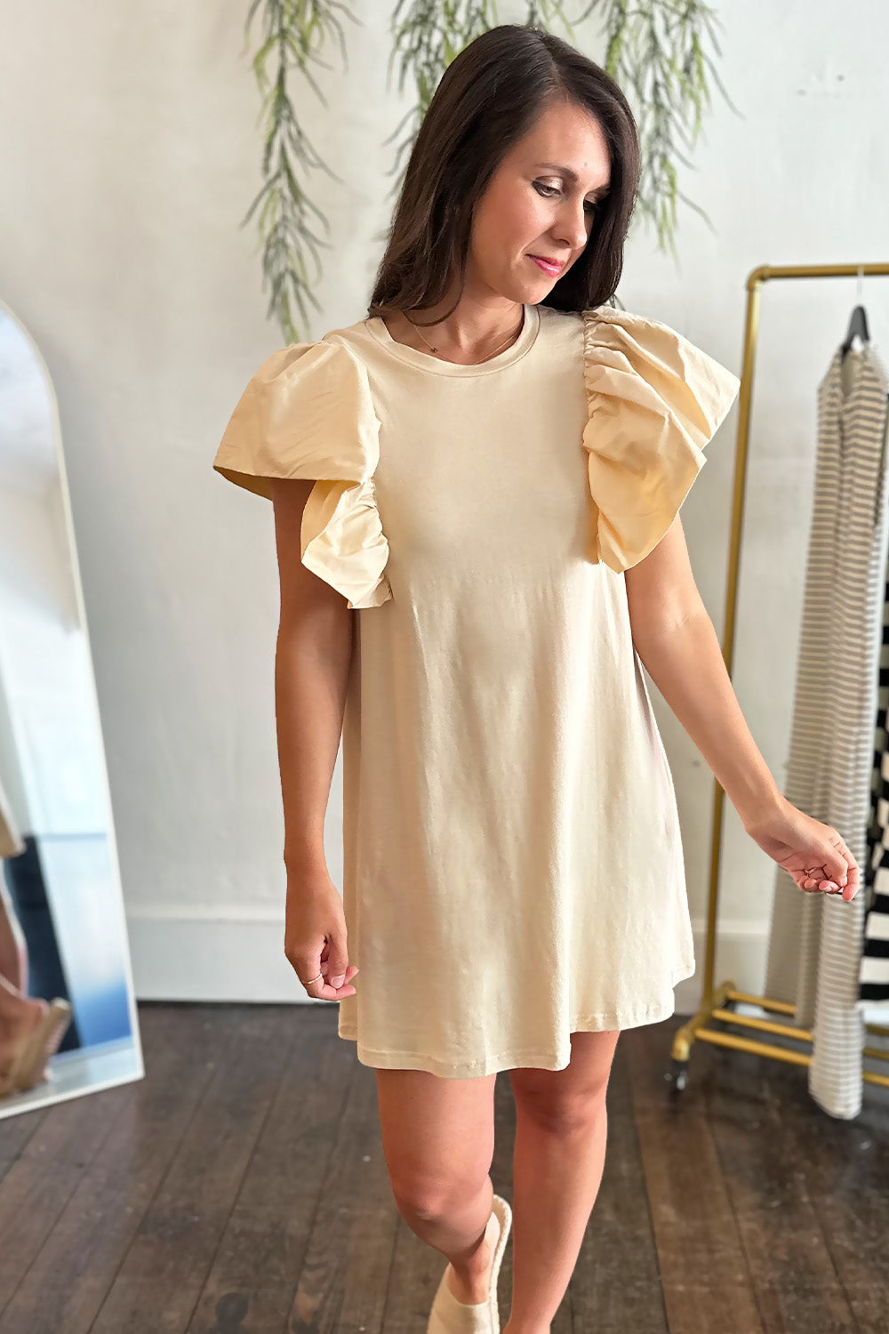 Beige Ruffle Shoulder Dress