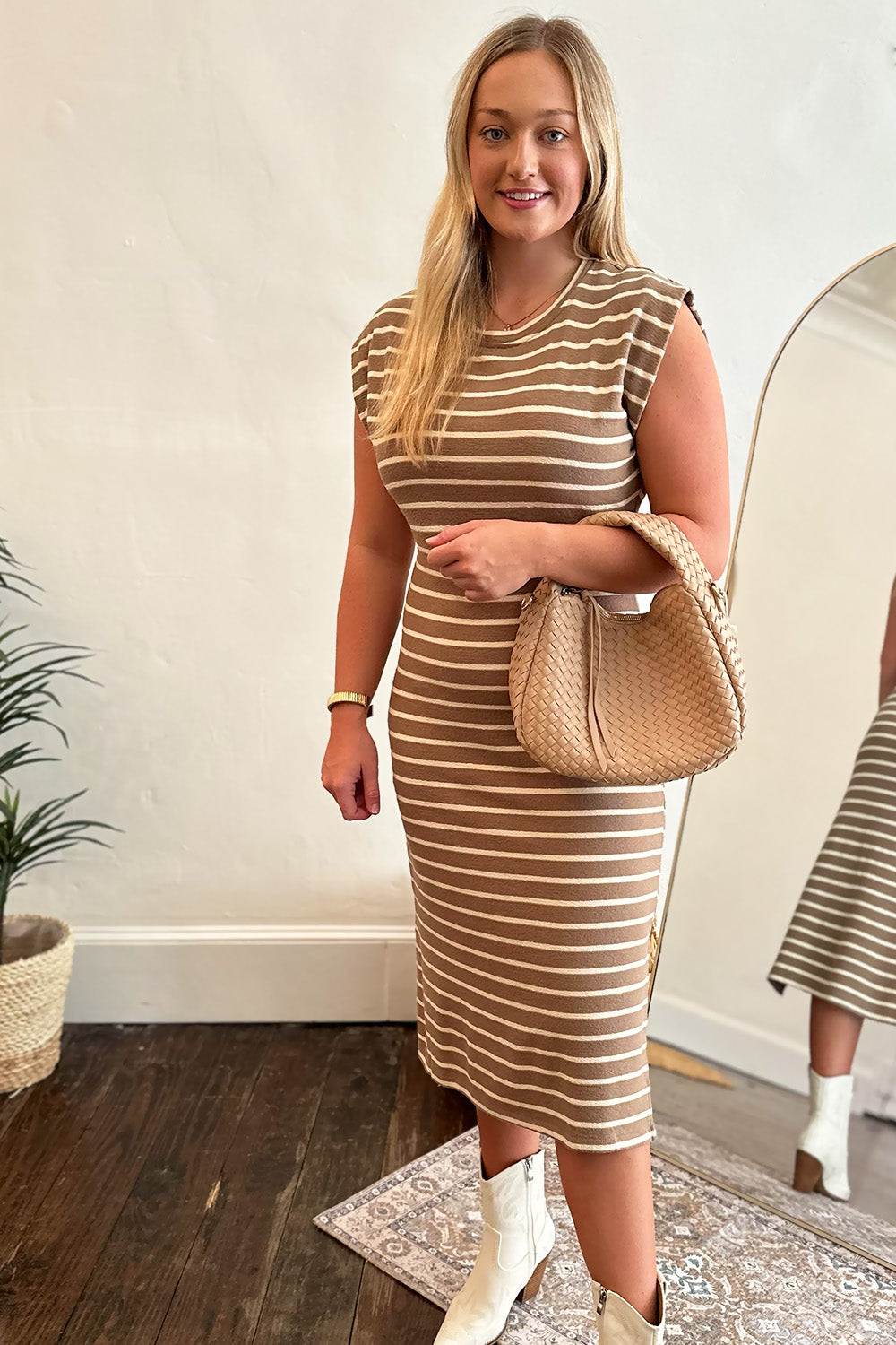 Taupe Stripe SS Midi Dress