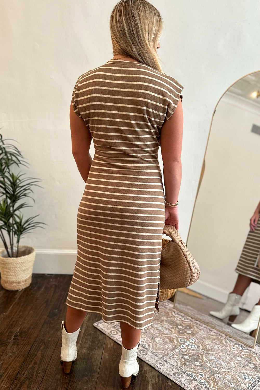 Taupe Stripe SS Midi Dress