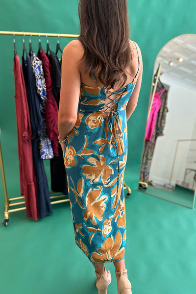 Teal and Brown Floral Midi Dress