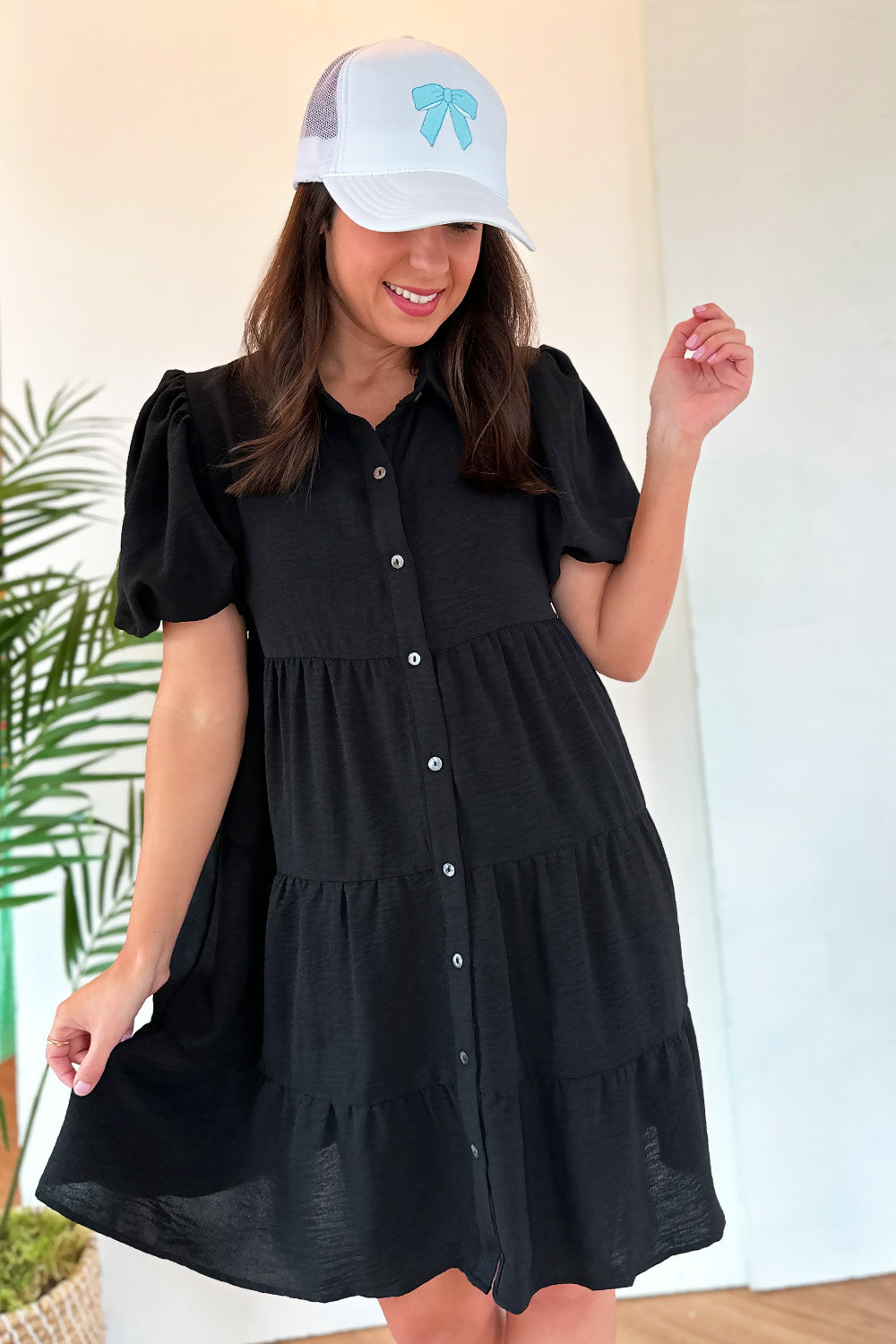 Tiered Puff Sleeve Button Dress Black