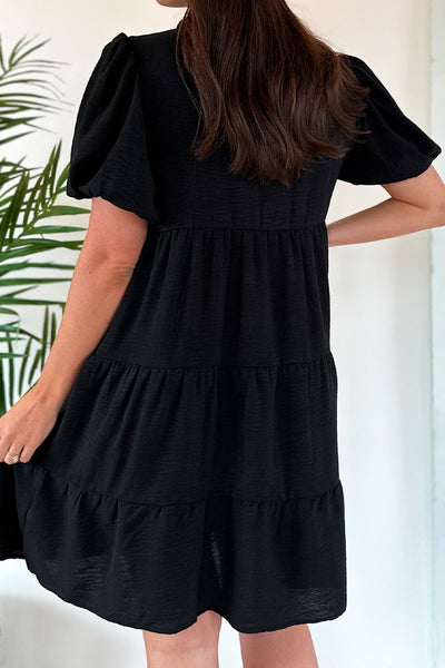 Tiered Puff Sleeve Button Dress Black