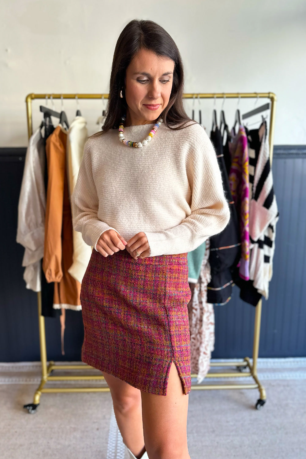 Plum and Camel Tweed Mini Skirt