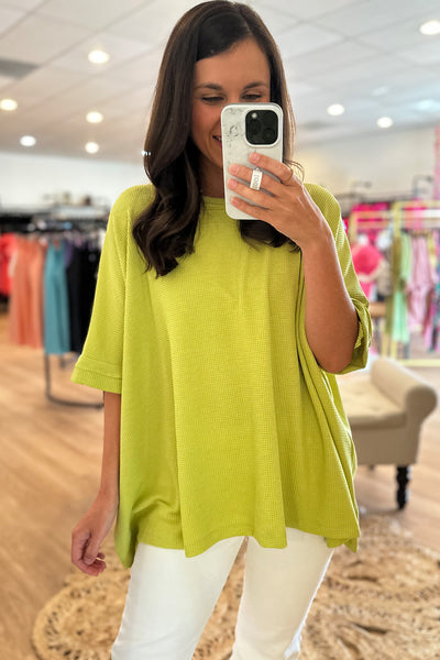 Waffle Knit Round Neck SS Top Lime