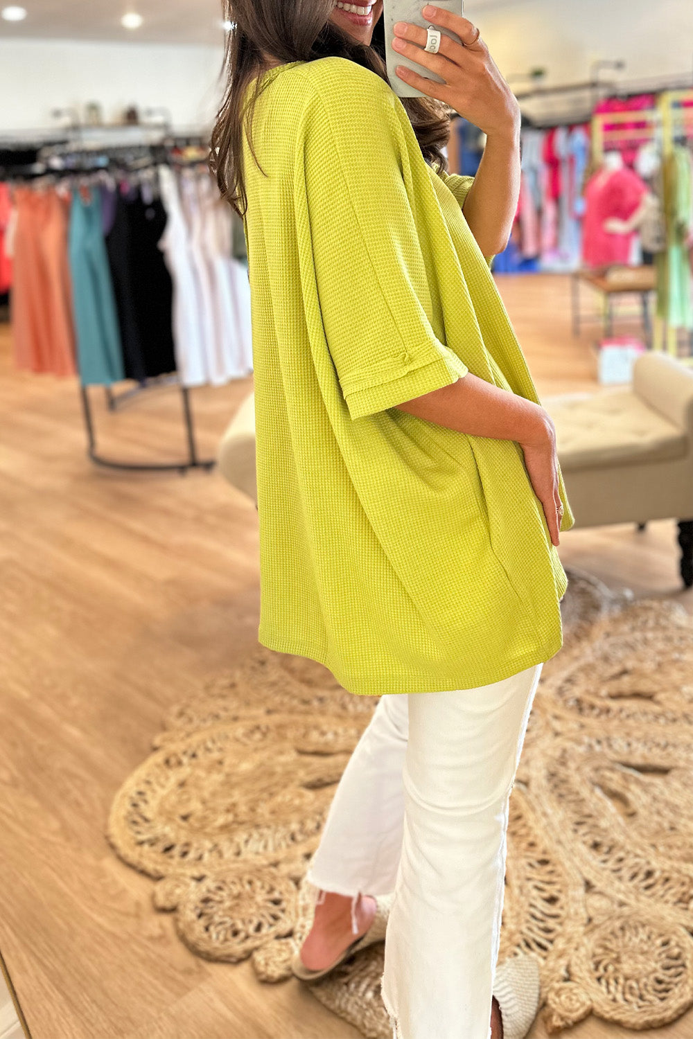 Waffle Knit Round Neck SS Top Lime