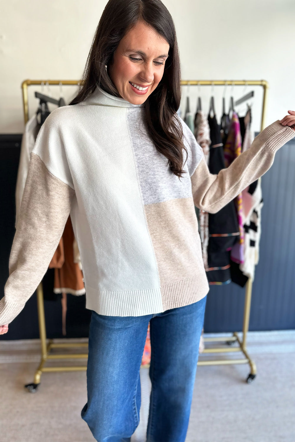 Gray White Tan Color Block Sweater