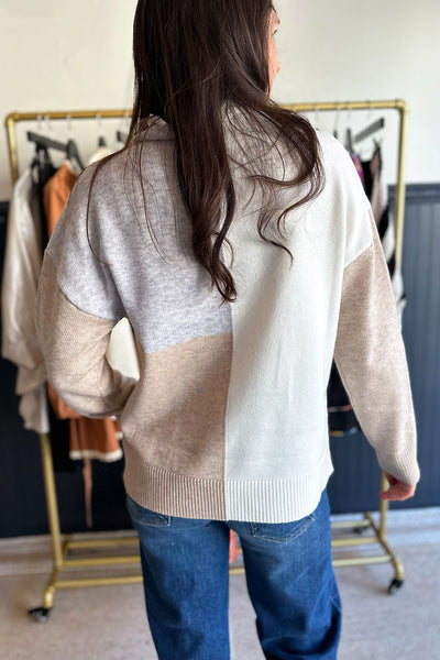 Gray White Tan Color Block Sweater