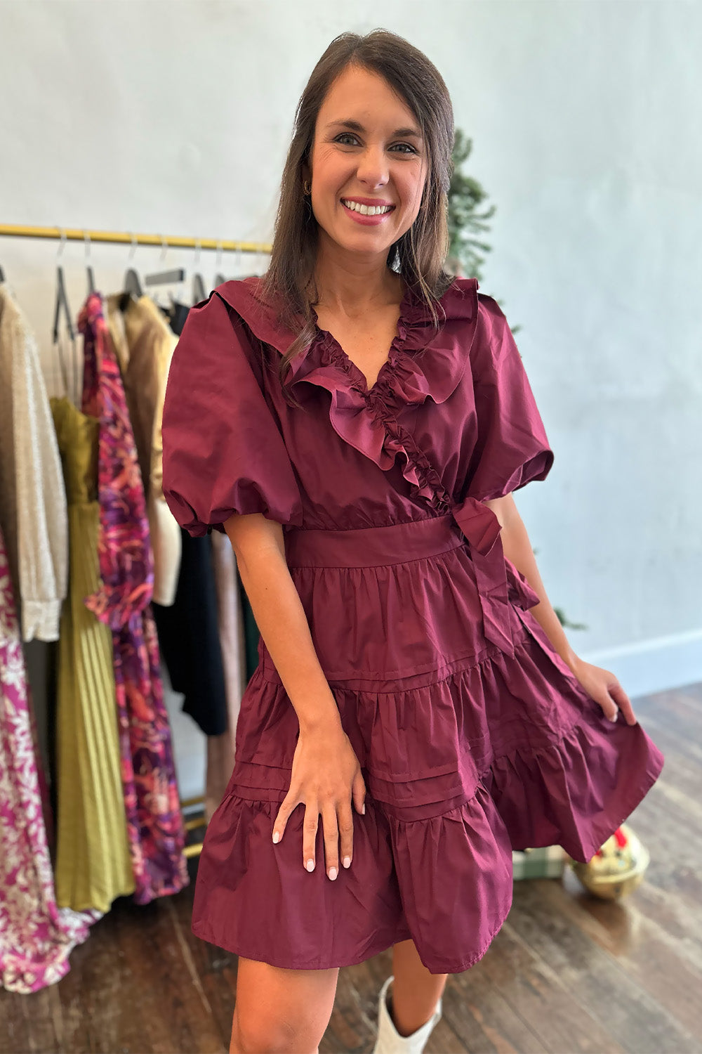 Wrap Ruffle Dress Wine