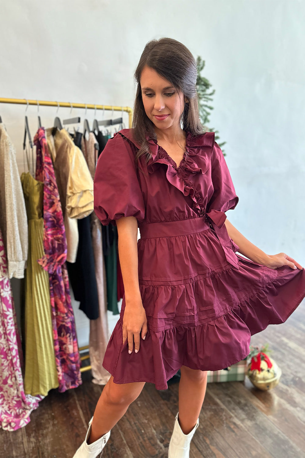 Wrap Ruffle Dress Wine