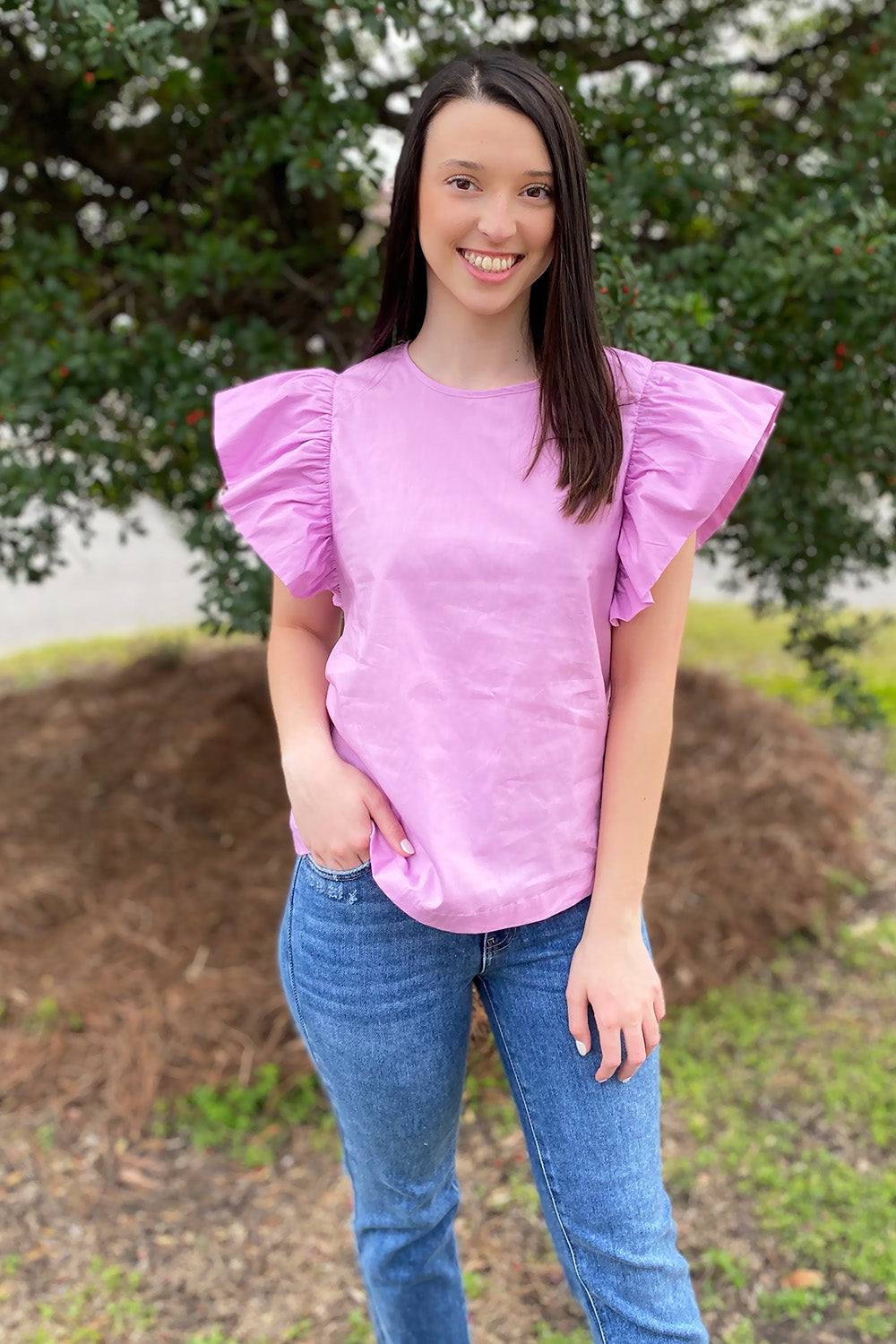 Poplin Ruffle Shoulder Top Lavender